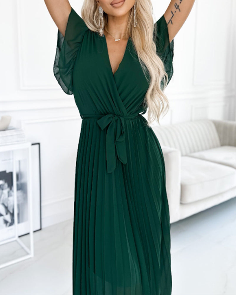 Thea - Elegant Pleated Short Sleeve Maxi Dress