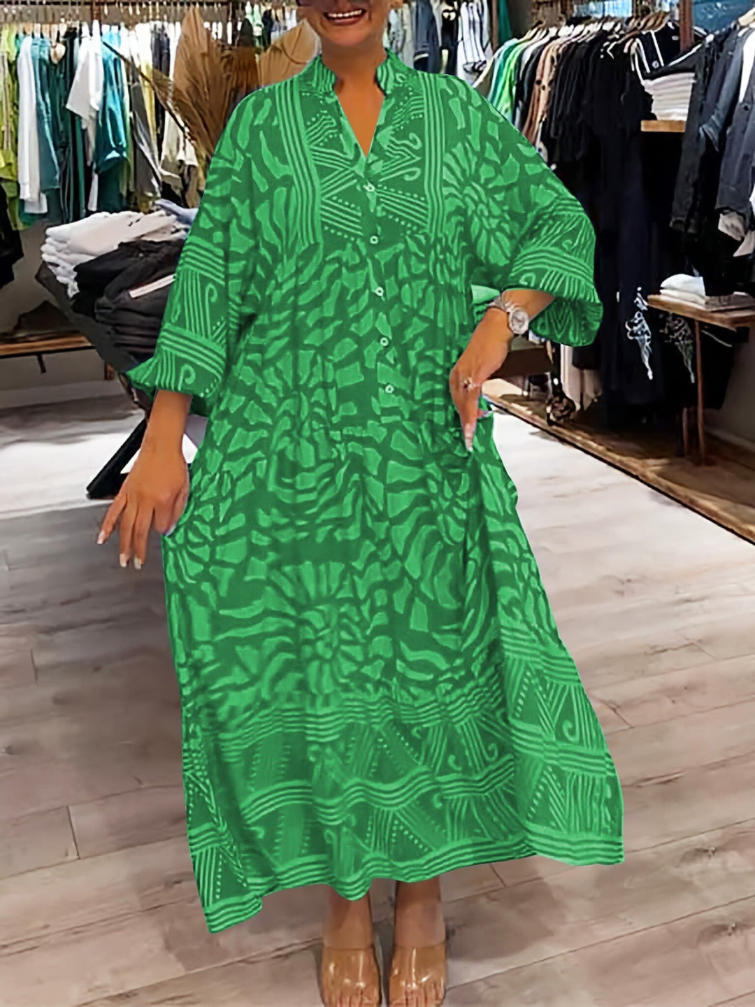 Elka - V Neck Printed Loose Dress