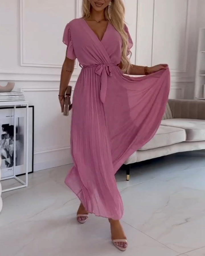 Thea - Elegant Pleated Short Sleeve Maxi Dress