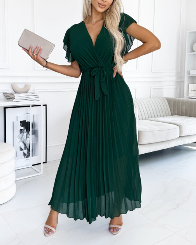 Thea - Elegant Pleated Short Sleeve Maxi Dress