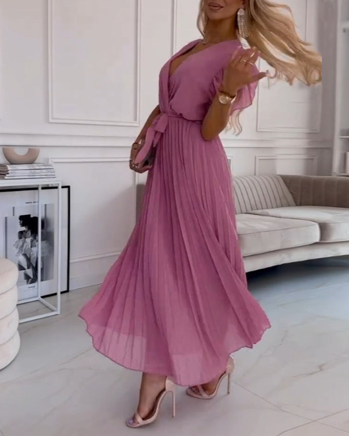 Thea - Elegant Pleated Short Sleeve Maxi Dress