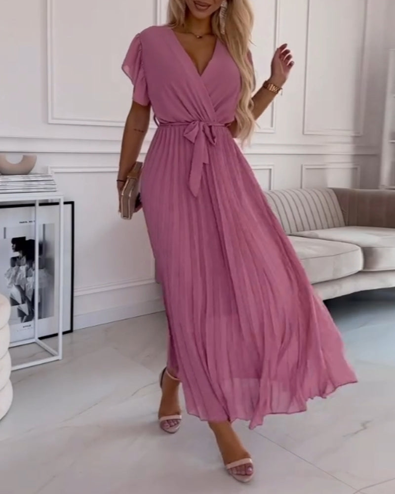 Thea - Elegant Pleated Short Sleeve Maxi Dress