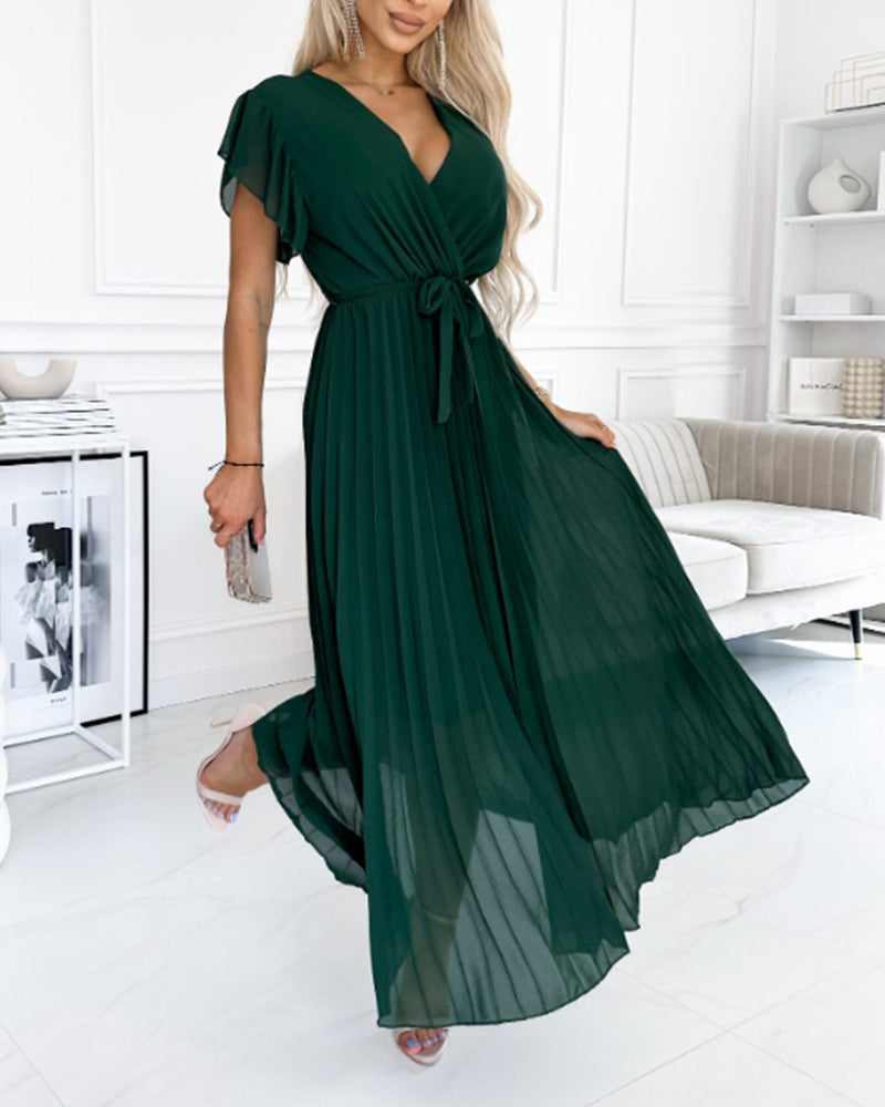 Thea - Elegant Pleated Short Sleeve Maxi Dress
