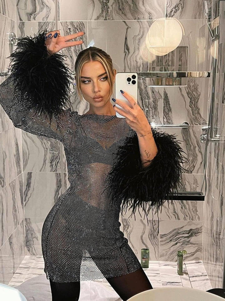Brienne - Metallic Sheer Cuff Feather Mini Dress