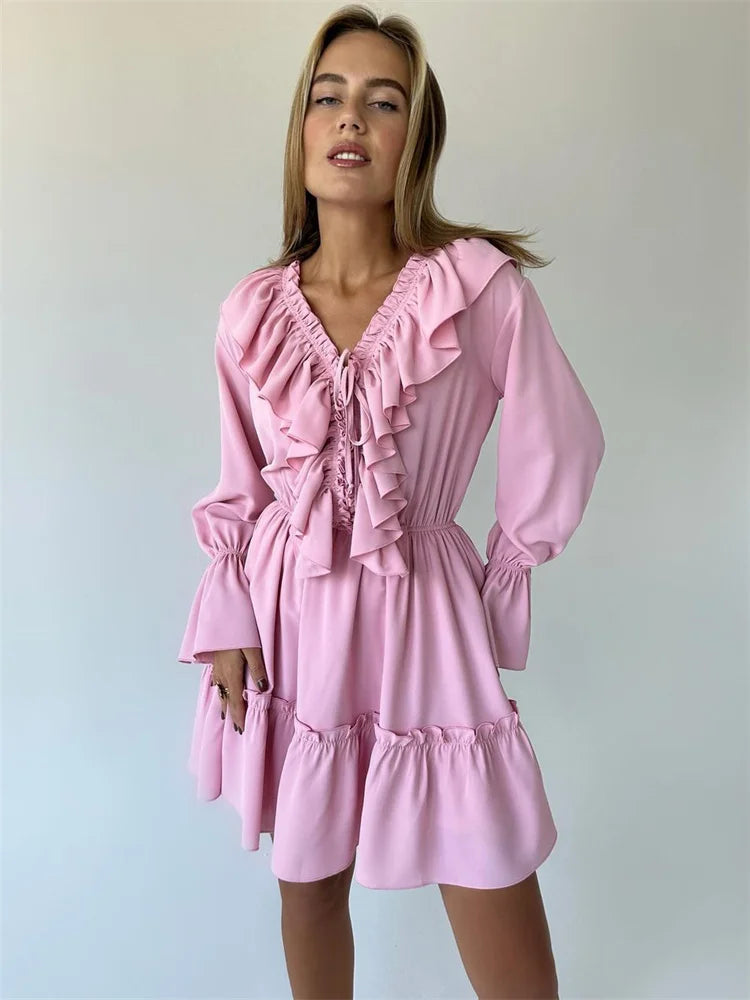 Glaiza - Chic Ruffle V-Neck Mini Dress