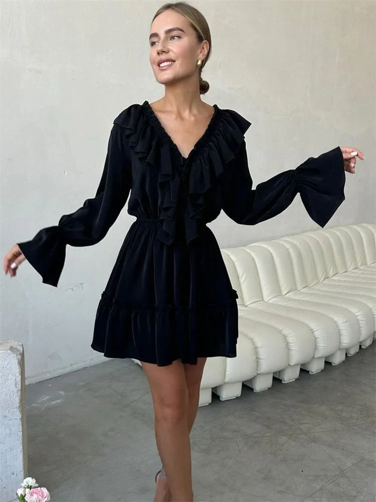 Glaiza - Chic Ruffle V-Neck Mini Dress