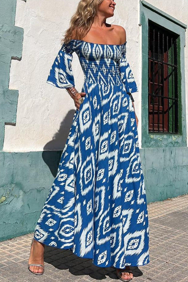 Sadie - Ethnic Print Off-Shoulder Maxi Dress