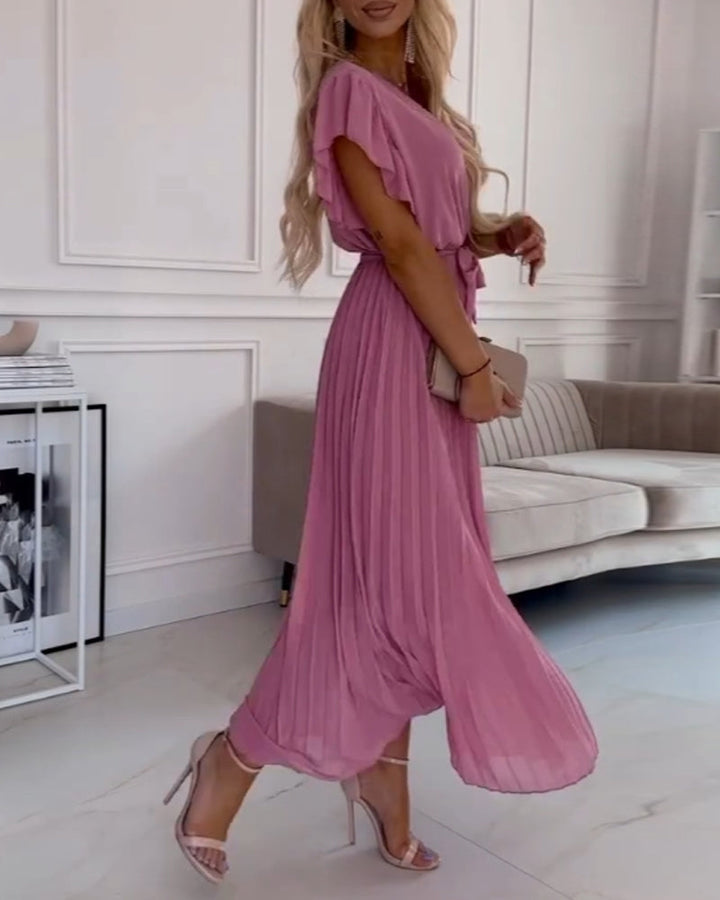 Thea - Elegant Pleated Short Sleeve Maxi Dress