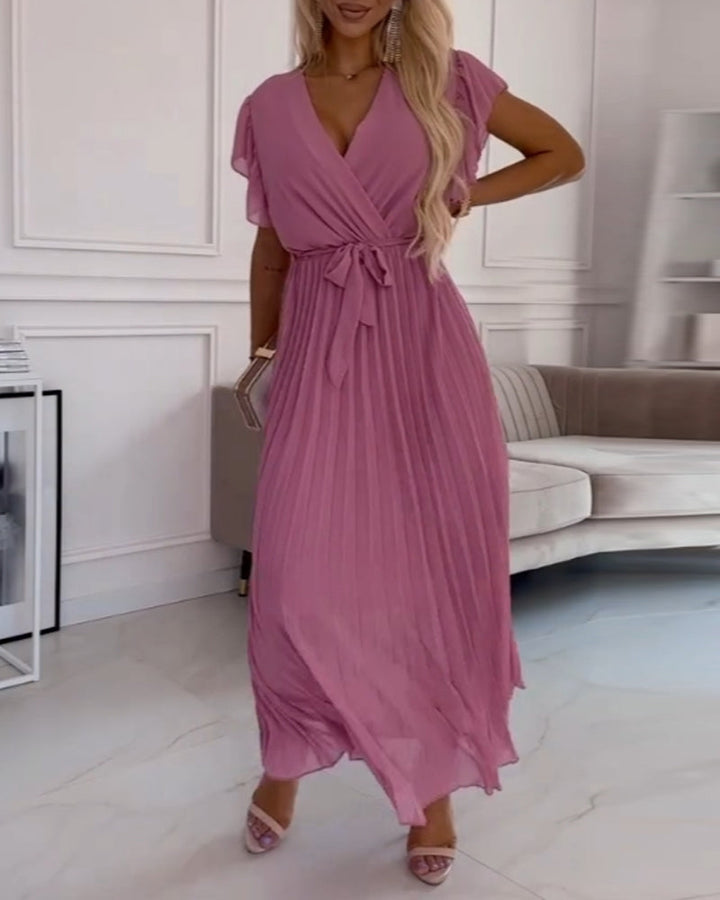 Thea - Elegant Pleated Short Sleeve Maxi Dress