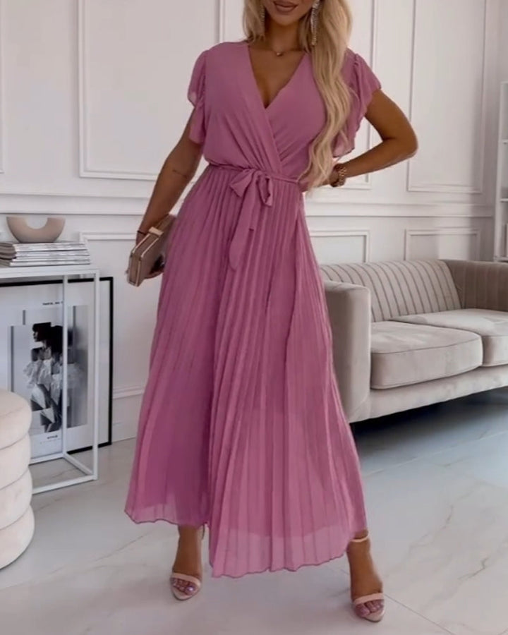 Thea - Elegant Pleated Short Sleeve Maxi Dress