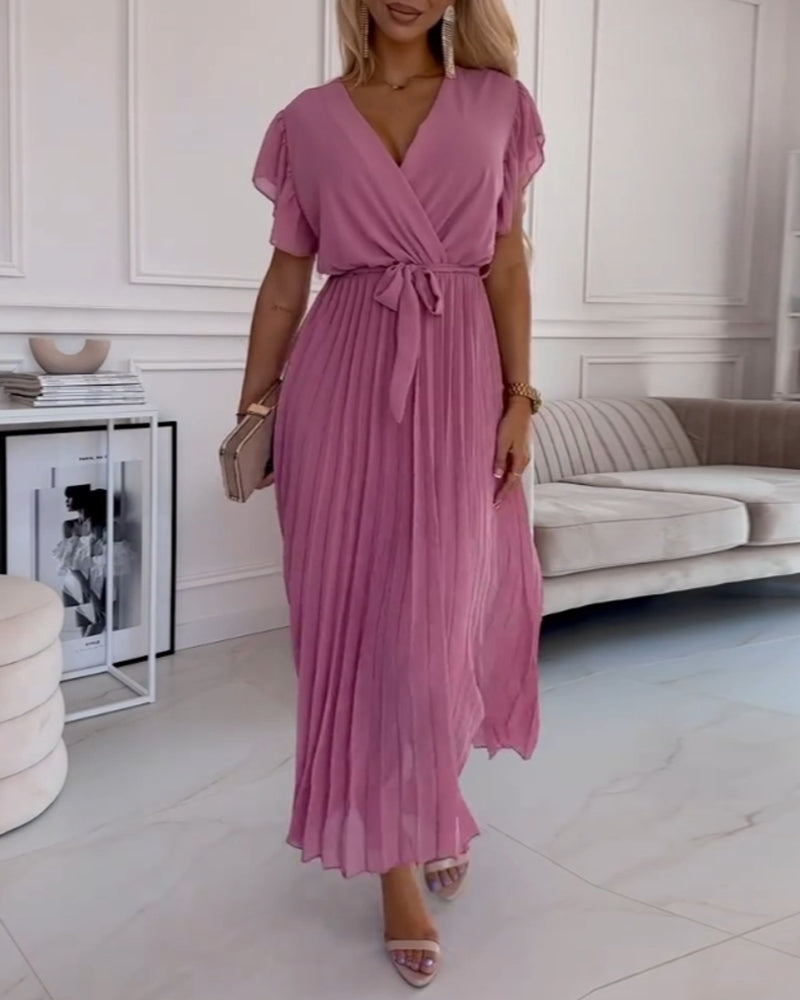 Thea - Elegant Pleated Short Sleeve Maxi Dress