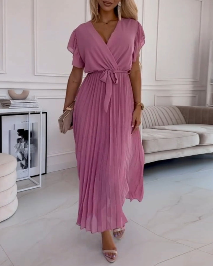 Thea - Elegant Pleated Short Sleeve Maxi Dress